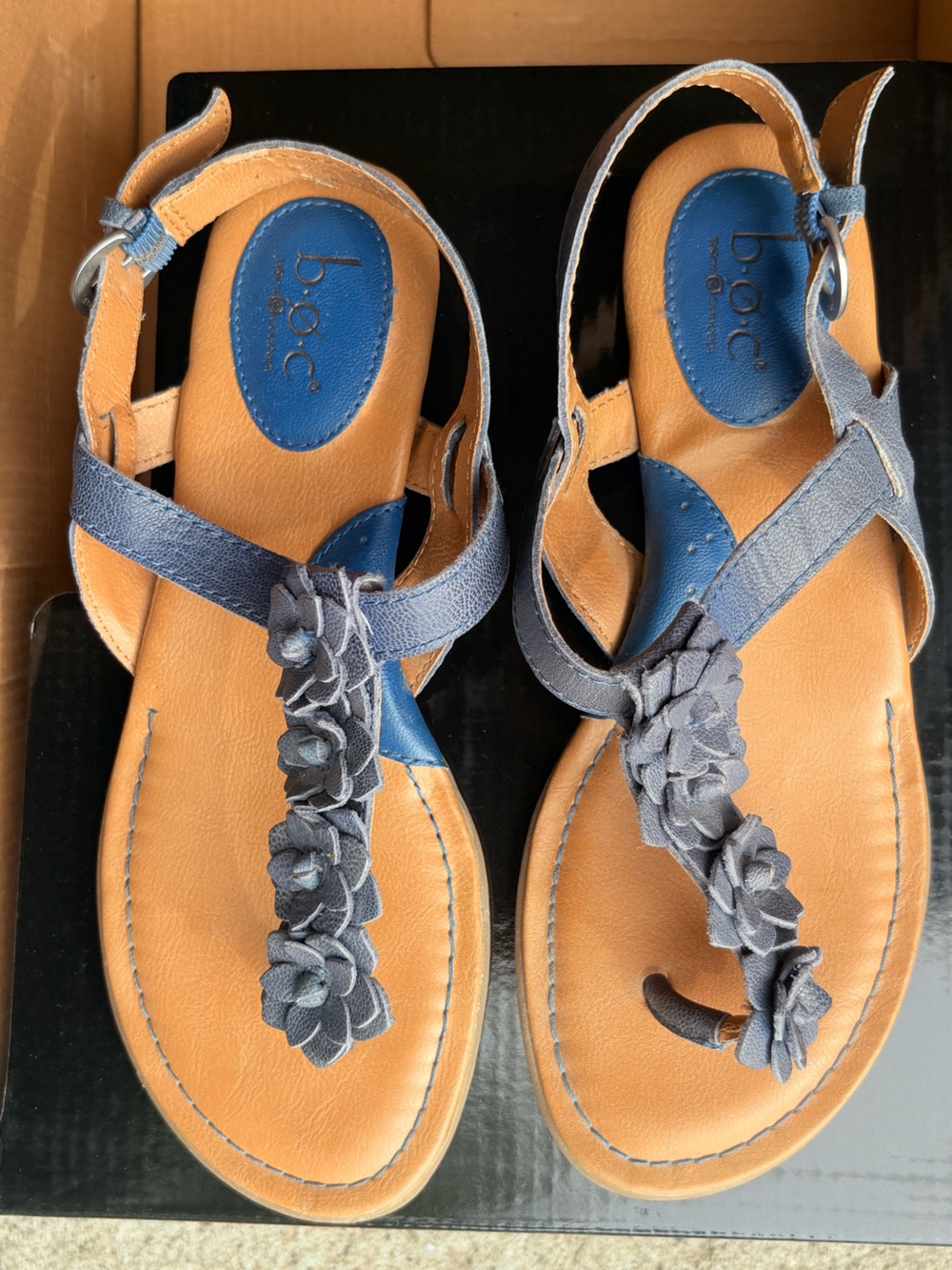 boc Born Sandals Flower Leather Blue NEW Flat Buckle Spring Women's 6